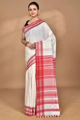 off white Cotton Dhakai Jamdani Handloom Saree