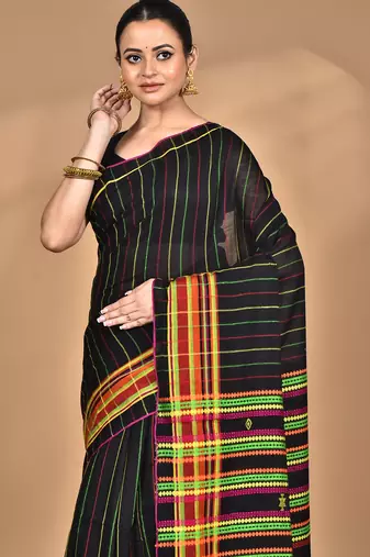 black Cotton Dhakai Jamdani Handloom Saree