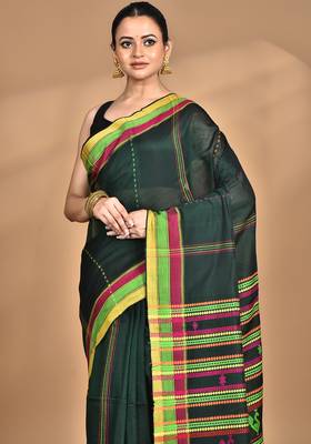 green Cotton Dhakai Jamdani Handloom Saree 2