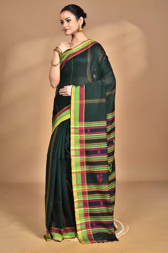 green Cotton Dhakai Jamdani Handloom Saree