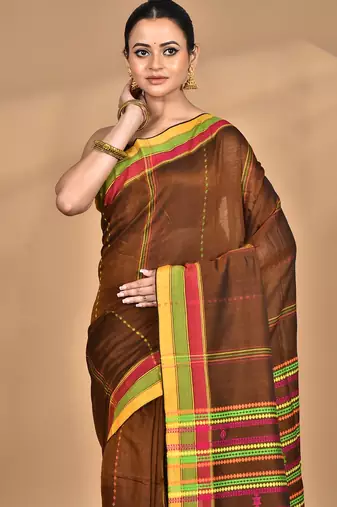 brown Cotton Dhakai Jamdani Handloom Saree