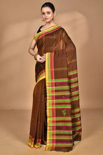 brown Cotton Dhakai Jamdani Handloom Saree