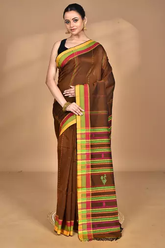 brown Cotton Dhakai Jamdani Handloom Saree