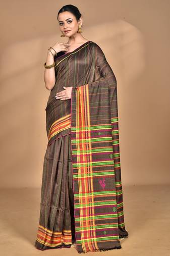 brown Cotton Dhakai Jamdani Handloom Saree