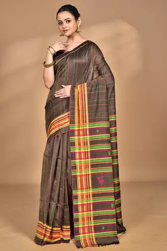 brown Cotton Dhakai Jamdani Handloom Saree