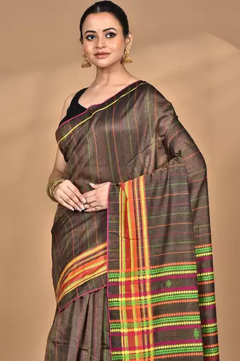 brown Cotton Dhakai Jamdani Handloom Saree