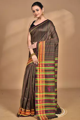 brown Cotton Dhakai Jamdani Handloom Saree