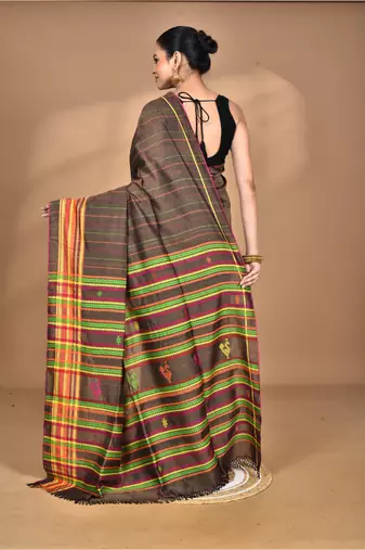 brown Cotton Dhakai Jamdani Handloom Saree