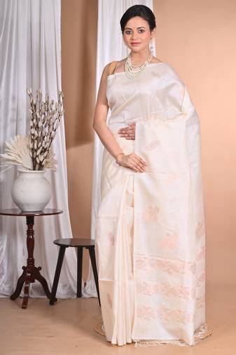 Cream Tussar Silk Handloom Saree