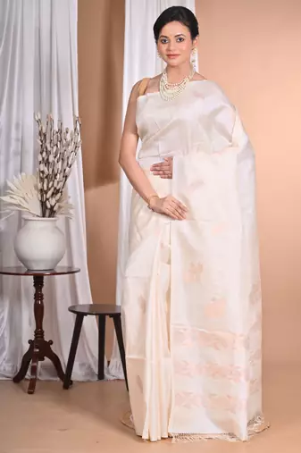 Cream Tussar Silk Handloom Saree