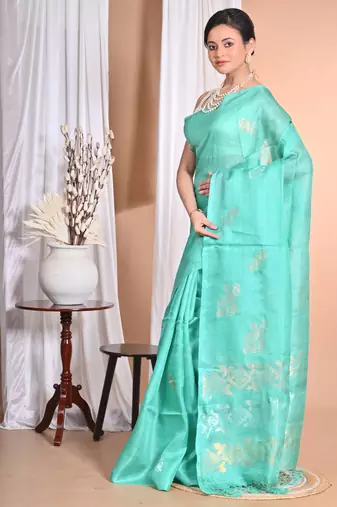 light green Tussar Silk Handloom Saree
