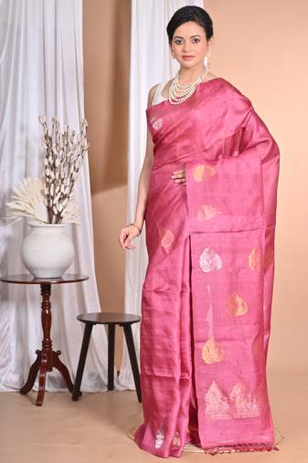 Pink Tussar Silk Handloom Saree