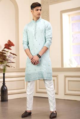 men's pista green  straight kurta pajama with computer thread work on art silk and with lining 1