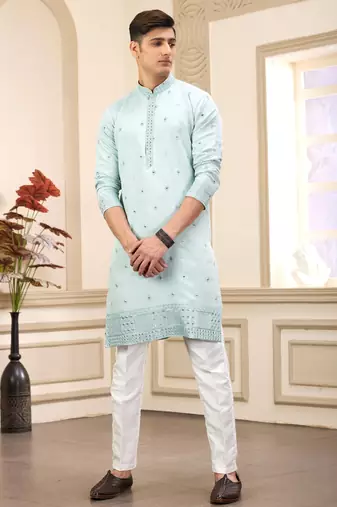 Men's pista green  straight kurta with computer thread work on art silk and with lining
