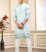 men's pista green  straight kurta pajama with computer thread work on art silk and with lining