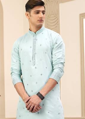 men's pista green  straight kurta pajama with computer thread work on art silk and with lining 2