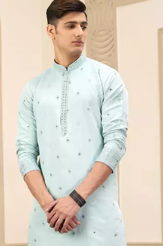 men's pista green  straight kurta pajama with computer thread work on art silk and with lining