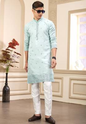 men's pista green  straight kurta pajama with computer thread work on art silk and with lining 3