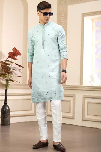 men's pista green  straight kurta pajama with computer thread work on art silk and with lining