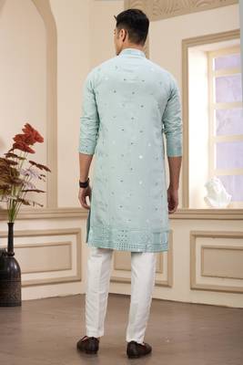 men's pista green  straight kurta pajama with computer thread work on art silk and with lining 4