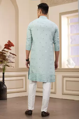 men's pista green  straight kurta pajama with computer thread work on art silk and with lining