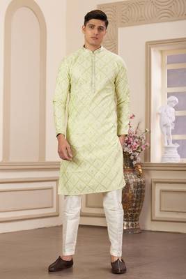 men's green computer thread work on art silk straight kurta pajama with with lining 1