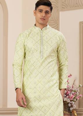 men's green computer thread work on art silk straight kurta pajama with with lining 2