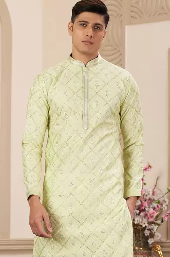 men's green computer thread work on art silk straight kurta pajama with with lining