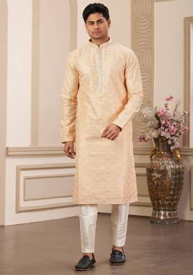 men's peach computer thread work on art silk straight kurta pajama with with lining 1