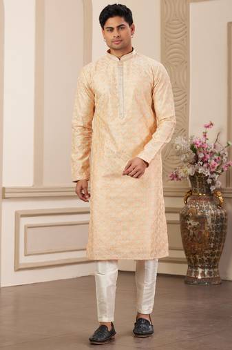 Men's peach computer thread work on art silk straight kurta with with lining