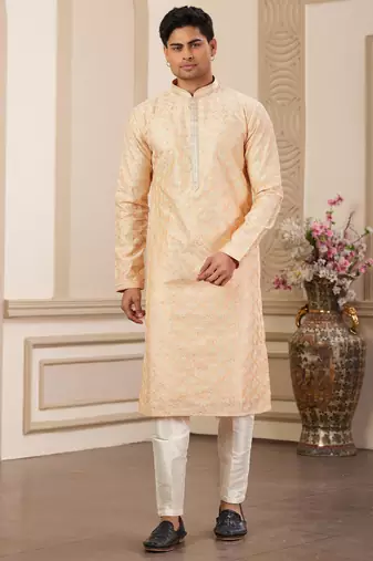 Men's peach computer thread work on art silk straight kurta with with lining