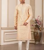 men's peach computer thread work on art silk straight kurta pajama with with lining