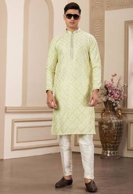 men's green computer thread work on art silk straight kurta pajama with with lining 3