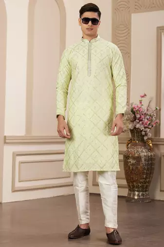 men's green computer thread work on art silk straight kurta pajama with with lining