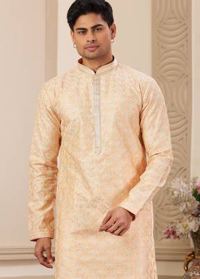 men's peach computer thread work on art silk straight kurta pajama with with lining 2