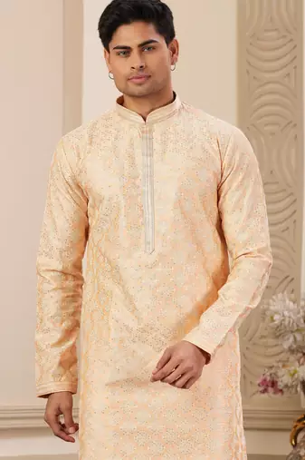 men's peach computer thread work on art silk straight kurta pajama with with lining