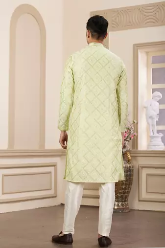 men's green computer thread work on art silk straight kurta pajama with with lining