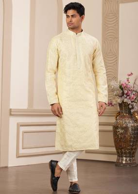 men's yellow computer thread work on art silk straight kurta pajama with with lining 1