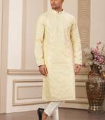 men's yellow computer thread work on art silk straight kurta pajama with with lining