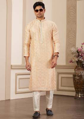 men's peach computer thread work on art silk straight kurta pajama with with lining 3