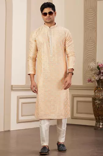 men's peach computer thread work on art silk straight kurta pajama with with lining