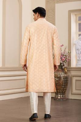 men's peach computer thread work on art silk straight kurta pajama with with lining 4