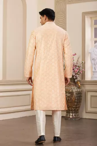 men's peach computer thread work on art silk straight kurta pajama with with lining