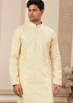 men's yellow computer thread work on art silk straight kurta pajama with with lining 2