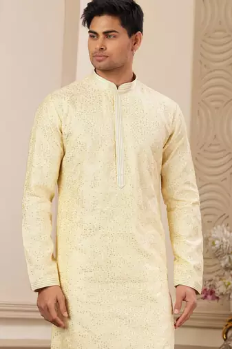 men's yellow computer thread work on art silk straight kurta pajama with with lining