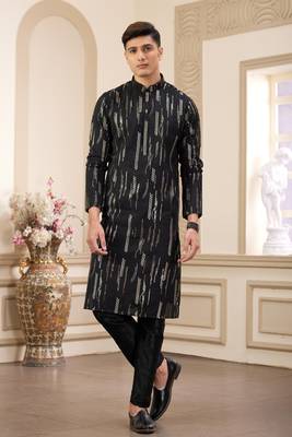 men's black computer thread work on art silk straight kurta pajama with with lining 1