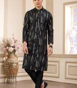men's black computer thread work on art silk straight kurta pajama with with lining