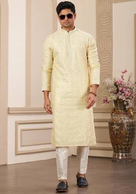 men's yellow computer thread work on art silk straight kurta pajama with with lining 3