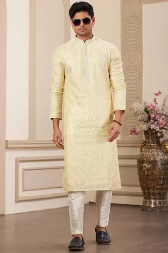 men's yellow computer thread work on art silk straight kurta pajama with with lining
