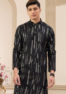 men's black computer thread work on art silk straight kurta pajama with with lining 2